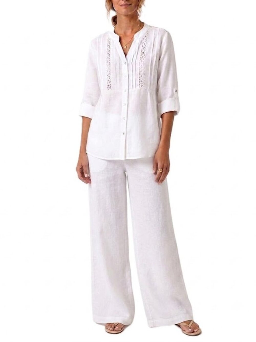 LUNGO L'ARNO 100% Linen White Blouse Medium Made in Italy Pintuck Front EUC